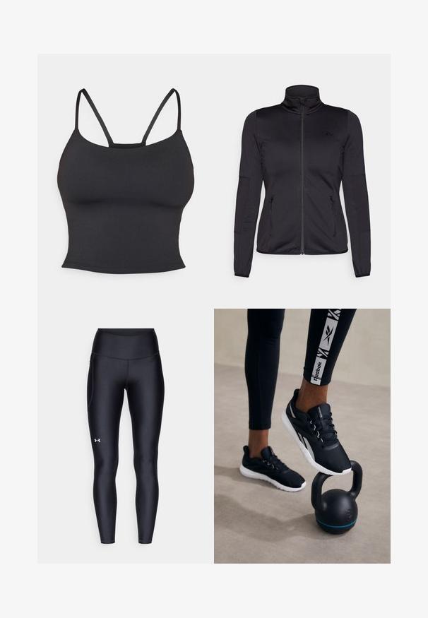 Črna jakna na zadrgo z visokim ovratnikom, izdelana iz gladkega, raztegljivega materiala, z dvema sprednjima žepoma na zadrgo in teksturiranimi rokavi.; Črna prilegajoča majica s tankimi naramnicami in okroglo izrezom, narejena iz gladkega materiala, brez dodatnih vzorcev ali poudarkov.; Črne pajkice iz gladkega, elastičnega materiala z visokim pasom. Imajo bel logotip na levem stegnu in oprijet kroj.; Črne športne čevlje z teksturiranim zgornjim delom, belo podplatom in sivimi detajli, postavljene na črni kettlebell z modrim trak osrednje postavitev na nevtralni podlagi.