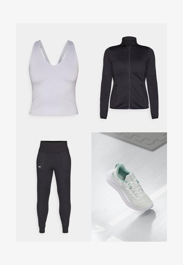 Czarna kurtka na zamek z wysokim kołnierzem, wykonana z gładkiego, elastycznego materiału, posiadająca dwie kieszenie z przodu na zamek oraz fakturowane rękawy.; Jasnoszary bezrękawnik crop top z głębokim dekoltem w kształcie litery V, wykonany z gładkiego materiału, z szerokimi ramiączkami i dopasowanym krojem.; Czarne legginsy sportowe wykonane z elastycznego materiału, z wysokim stanem, bocznymi kieszeniami i dopasowanymi mankietami przy kostkach.; Jasnoszare buty sportowe z teksturowaną dzianiną, miętowymi akcentami, białymi sznurowadłami, gumową podeszwą i uchwytem na pięcie.