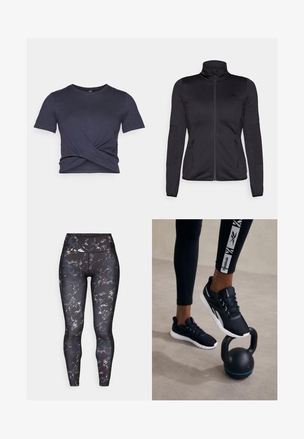 Jachetă neagră cu fermoar, cu guler înalt, confecționată dintr-un material neted și elastic, având două buzunare frontale cu fermoar și mâneci texturate.; Tricou cu mânecă scurtă de culoare bleumarin, cu un design cu fața răsucită. Fabricat dintr-un material moale și ușor; dispune de guler rotund și o croi lejer.; Leggings cu talie înaltă, cu o bază neagră și un model marmorat în culori discrete. Material neted și elastic, cu cusături contrastante și fără elemente de prindere vizibile.; Pantofi sport negri cu un superior texturat, talpă albă și accente gri, amplasați pe o greutate neagră cu o dungă albastră, pe un fundal neutru.
