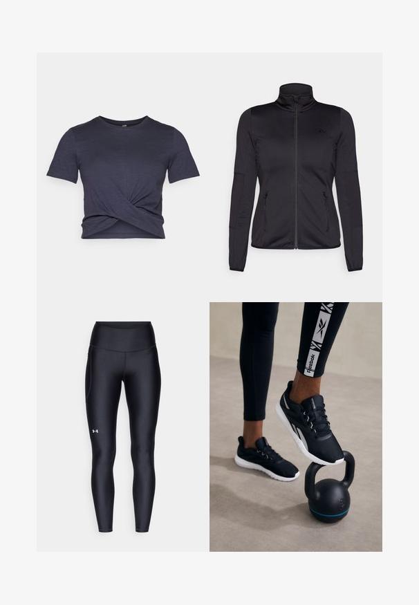 Chaqueta negra con cremallera y cuello alto, confeccionada en un tejido liso y elástico, que cuenta con dos bolsillos delanteros con cremallera y mangas con textura.; Camiseta de manga corta en azul marino con un diseño de frente retorcido. Fabricada con tejido suave y ligero; cuenta con cuello redondo y un corte relajado.; Leggings negros hechos de un material suave y elástico con una cintura alta. Presentan un logo blanco en el muslo izquierdo y un diseño ajustado.; Zapatillas deportivas negras con una parte superior texturizada, suela blanca y acentos grises, posicionadas sobre una kettlebell negra con una franja azul, contra un fondo neutro.