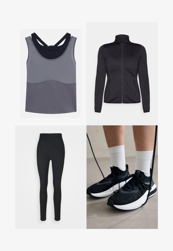 Melns zip-up jakas ar augstu apkakli, izgatavota no gludas, elastīgas auduma, ar divām kabatām priekšpusē ar rāvējslēdzējiem un teksturētām piedurknēm.; Pelēks sporta topiņš ar apaļu dekoltē, racerback dizainu un kontrastējošiem tumši ziliem akcentiem. Ieguvums teksturēta auduma un bezšuvju konstrukcija.; Melnas legingi, izgatavoti no elastīga auduma, ar augstu jostasvietu, ribotām paneļiem sānos un pieguļošu dizainu, kas pieguļ potītēm.; Melni sporta apavi ar strukturētu audumu, balta zole un melni šņores. Valkāti ar baltām ribotām zeķēm, stāvot uz gaišas virsmas.