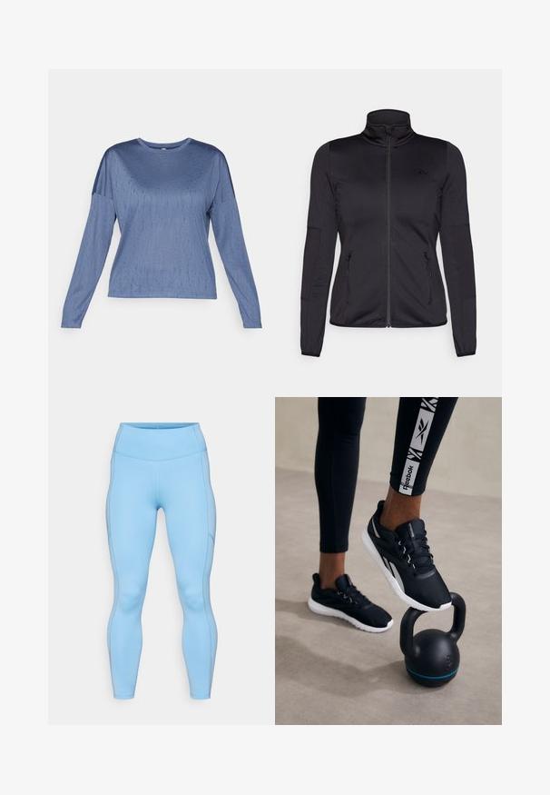Jachetă neagră cu fermoar, cu guler înalt, confecționată dintr-un material neted și elastic, având două buzunare frontale cu fermoar și mâneci texturate.; Bluză cu mânecă lungă de culoare albastră, cu o textură fină, decolteu rotund și umeri ușor lăsați. Un model subtil adaugă interes vizual.; Leggings de culoare albastru deschis, realizate dintr-un material elastic. Prezintă un talie înaltă, o textură netedă și cusături curbe pe lângă picioare.; Pantofi sport negri cu un superior texturat, talpă albă și accente gri, amplasați pe o greutate neagră cu o dungă albastră, pe un fundal neutru.