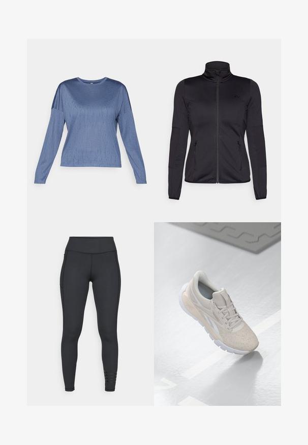 Chaqueta negra con cremallera y cuello alto, confeccionada en un tejido liso y elástico, que cuenta con dos bolsillos delanteros con cremallera y mangas con textura.; Top de manga larga azul con una textura suave, escote redondo y hombros ligeramente caídos. Un patrón sutil añade interés visual.; Leggings negros fabricados con material elástico, con una cintura alta, diseño elegante y detalles de acento a rayas cerca del tobillo.; Zapatilla deportiva de color beige claro con parte superior perforada, acentos texturizados, cuello acolchado y suela de goma blanca, diseñada para la comodidad y la transpirabilidad.