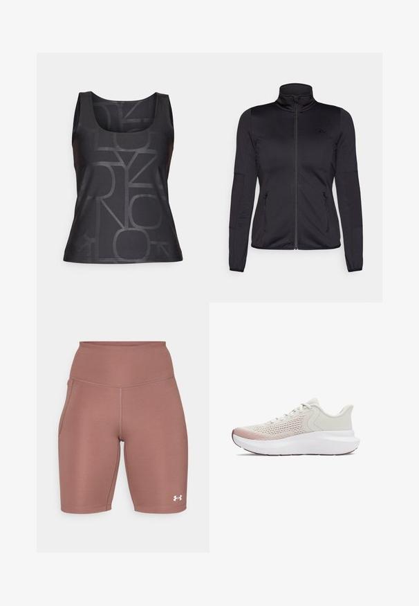 Melns zip-up jakas ar augstu apkakli, izgatavota no gludas, elastīgas auduma, ar divām kabatām priekšpusē ar rāvējslēdzējiem un teksturētām piedurknēm.; Melna bez piedurknēm topiņš ar tonālu ģeometrisku rakstu. Izgatavots no gludas auduma ar noapaļotu kakla izgriezumu un pieguļošu siluetu.; Augstas jostas sporta šorti bālganā rozā krāsā. Izgatavoti no gludas, elastīgas auduma, ar sānu kabatu un baltu logotipa akcentu pie malām.; Vieglie sporta apavi ar elpojošu baltu sietu augšdaļu, gradienta rozā akcentiem un biezu baltu zoli ar teksturētu apdari.