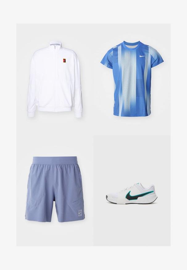 Weißer Zip-Hoodie aus weichem Stoff, mit hohem Kragen und kleinem, mehrfarbigem Nike-Logo auf der linken Brust.; Nike T-Shirt mit kurzen Ärmeln in einem Farbverlauf von Blau, ausgestattet mit einem Gittermuster und rundem Halsausschnitt. Hergestellt aus leichtem, atmungsaktivem Material.; Hellblaue Sportshorts mit elastischem Bund, zwei seitlichen Taschen und einem kleinen weißen Logo an der Unterseite vorne rechts. Glatte Textur.; Weißer Sportschuh mit strukturiertem Mesh-Obermaterial, schwarzer Gummisohle und türkisfarbenem Nike-Swoosh-Akzent. Verfügt über Schnürsenkel und gepolsterten Kragen.