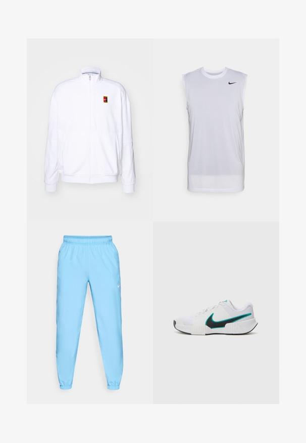 Weißer Zip-Hoodie aus weichem Stoff, mit hohem Kragen und kleinem, mehrfarbigem Nike-Logo auf der linken Brust.; Weißes ärmelloses Sportshirt aus leichtem Material. Verfügt über einen runden Ausschnitt und ein kleines schwarzes Nike-Logo oben links.; Nike Performance FORM PANT - Jogginghose - university blue/black/reflective silver; Weißer Sportschuh mit strukturiertem Mesh-Obermaterial, schwarzer Gummisohle und türkisfarbenem Nike-Swoosh-Akzent. Verfügt über Schnürsenkel und gepolsterten Kragen.