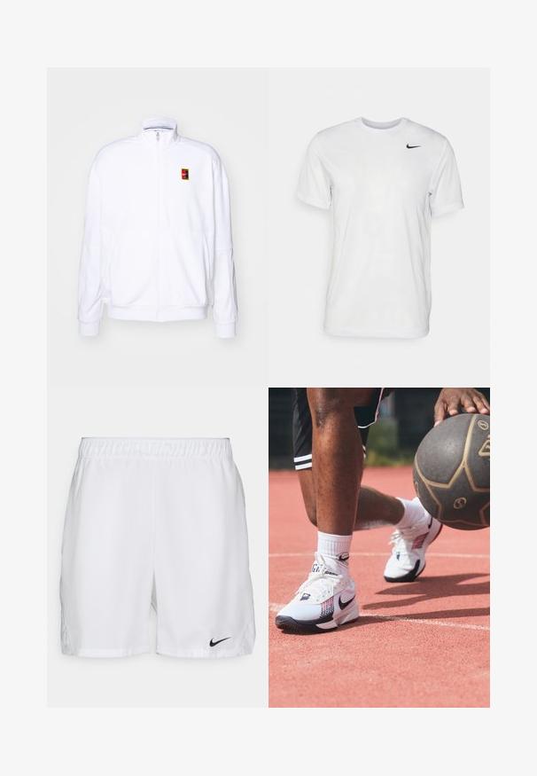 Hvid zip-up sweatshirt lavet af blød stof, med høj krave og et lille flerfarvet Nike-logo på venstre bryst.; Hvid kortærmet t-shirt lavet af glat stof. Har en rund hals og et lille sort Nike-logo på venstre bryst.; Hvide atletiske shorts med elastisk talje, prydet med et sort Nike swoosh-logo nederst til venstre. Glat stof uden mønstre.; Hvide atletiske sko med sorte og røde accenter, der har en struktureret overdel og et karakteristisk swoosh-logo, båret på en bane med en basketball.