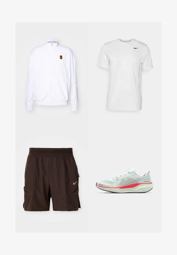 Hvit zip-up hettegenser laget av mykt stoff, med høy hals og en liten multicolor Nike-logo på venstre bryst.; Hvit kortermet t-skjorte laget av glatt stoff. Har rund hals og en liten svart Nike-logo på venstre bryst.; Mørkebrune treningshorts med elastisk midjebånd, sidelommer og reflekterende Nike-logo på høyre bein.; Lysegrønn Nike løpesko med mesh-overdel, med en rosa og hvit såle, som viser et strømlinjeformet, moderne design.