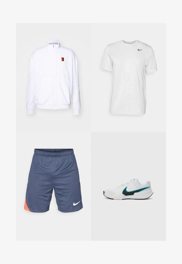 White zip-up sweatshirt made of soft fabric, featuring a high neck and a small multicolored Nike logo on the left chest.; White short-sleeve t-shirt made of smooth fabric. Features a round neck and a small black Nike logo on the left chest.; Navy blue athletic shorts with an orange accent on the left side. Made of lightweight fabric with an elastic waistband and a logo in white.; White athletic shoe with textured mesh upper, black rubber sole, and teal Nike swoosh accent. Features laces and padded collar.