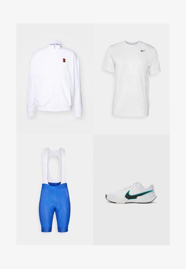 Hvit zip-up hettegenser laget av mykt stoff, med høy hals og en liten multicolor Nike-logo på venstre bryst.; Hvit kortermet t-skjorte laget av glatt stoff. Har rund hals og en liten svart Nike-logo på venstre bryst.; Blå sykkelbukseseler med hvite skulderstropper, som har polstret sete, glatt tekstur og skreddersydd passform for komfort og ytelse.; Hvit atletisk sko med teksturert mesh-overdel, svart gummisåle og teal Nike swoosh-detalj. Har snøring og polstret krage.