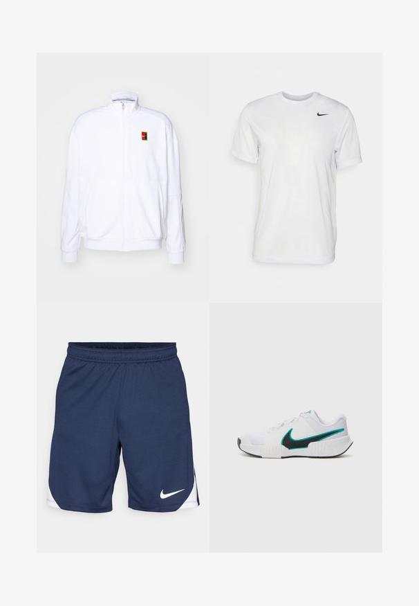 Witte ritsvest gemaakt van zachte stof, met een hoge kraag en een klein meerkleurig Nike-logo op de linkerborst.; Witte korte mouwen t-shirt gemaakt van gladde stof. Voorzien van een ronde hals en een klein zwart Nike-logo op de linkerborst.; Marineblauwe sportshorts van gestructureerde stof, met een elastische tailleband en een wit Nike-logo aan de zoom.; Witte sportieve schoen met een textuur mesh bovenwerk, zwarte rubberen zool en teal Nike swooshaccent. Voorzien van veters en een gewatteerde kraag.