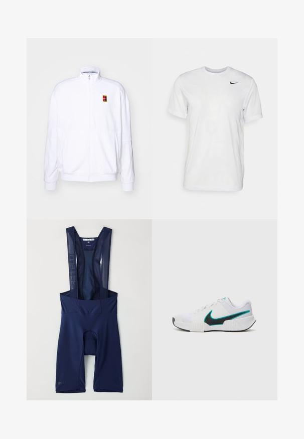 Valkoinen vetoketjullinen huppari, joka on valmistettu pehmeästä kankaasta ja siinä on korkea kaulus sekä pieni monivärinen Nike-logo vasemmassa rinnassa.; Valkoinen lyhythihainen t-paita, joka on valmistettu sileästä kankaasta. Ominaisuuksina pyöreä kaula-aukko ja pieni musta Nike-logo vasemmassa rinnassa.; Navy pyöräilybib-housut, joissa on verkkomateriaalista valmistetut suspenderit, pehmustettu istuin ja tiukat lahkeensuut. Vasemmassa lahkeessa on huomaamaton brändäys. Silkkinen, joustava kangas.; Valkoinen urheilukenkä, jossa on teksturoidusta verkkokankaasta valmistettu päällinen, musta kumipohja ja teal-värinen Nike-swoosh-korostus. Varustettu nauhoilla ja pehmustetulla nilkkapannalla.
