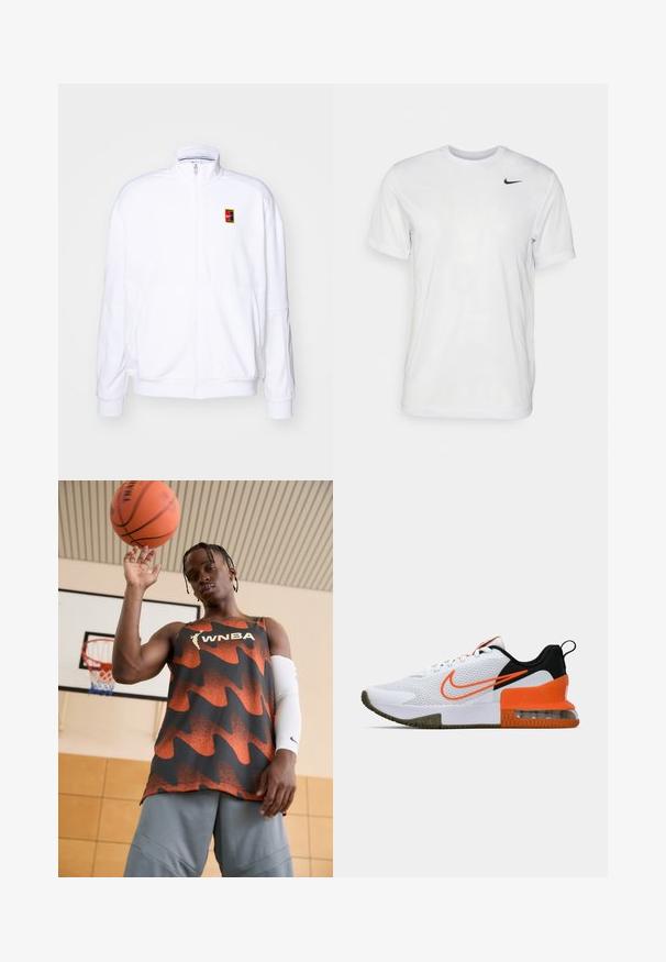 Bijela dukserica na zip, napravljena od mekog materijala, sa visokim ovratnikom i malim višebojnim Nike logom na lijevoj strani grudi.; Bijela kratkotrajna majica s kratkim rukavima izrađena od glatkog materijala. Ima okrugli izrez i mali crni Nike logo na lijevoj strani prsnog koša.; WNBA top bez rukava u narančastoj i crnoj boji, s uzorkom valova. Uparen s sivim kratkim hlačama i bijelom rukavicom za ruku, drži košarkašku loptu iznad.; Bijela atletska cipela s teksturiranim mrežastim gornjim dijelom, crnim i narančastim naglascima, debelim gumastim potplatom i prozirnim zračnim jastučićem na peti.