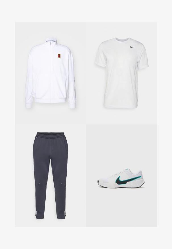 Biela zipová mikina vyrobená z mäkkého materiálu, s vysokým golierom a malým viacfarebným logom Nike na ľavej hrudi.; Biela krátka tričko s krátkymi rukávmi vyrobené z hladkej látky. Má okrúhly výstrih a malé čierne logo Nike na ľavej hrudi.; Námornícké tepláky s elastickým pásom, bočnými vreckami a zipsami na spodnej časti nohavíc. Vyrobené z jemného materiálu s hladkou textúrou a minimalistickým dizajnom.; Biele športové tenisky s textúrovaným sieťovaným zvrškom, čiernou gumovou podrážkou a akcentom teal loga Nike. Obsahujú šnúrky a vypolstrovaný golier.