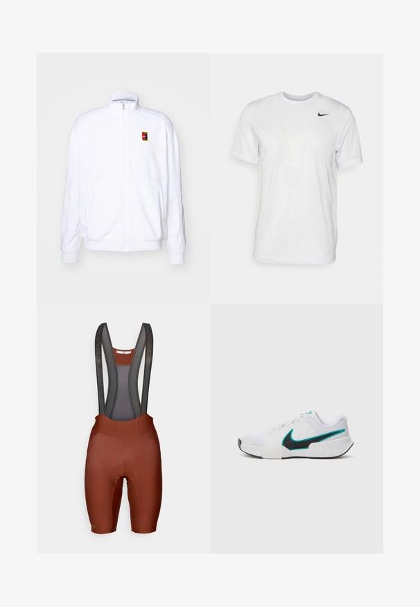 Hvid zip-up sweatshirt lavet af blød stof, med høj krave og et lille flerfarvet Nike-logo på venstre bryst.; Hvid kortærmet t-shirt lavet af glat stof. Har en rund hals og et lille sort Nike-logo på venstre bryst.; Brune bibshorts med mesh-stropper, polstret sæde og kontrasterende syninger. Glat tekstureret stof, skræddersyet pasform til cykling.; Hvid sportsko med tekstureret mesh-overdel, sort gummisål og teal Nike swoosh-accent. Har snørebånd og polstret krave.
