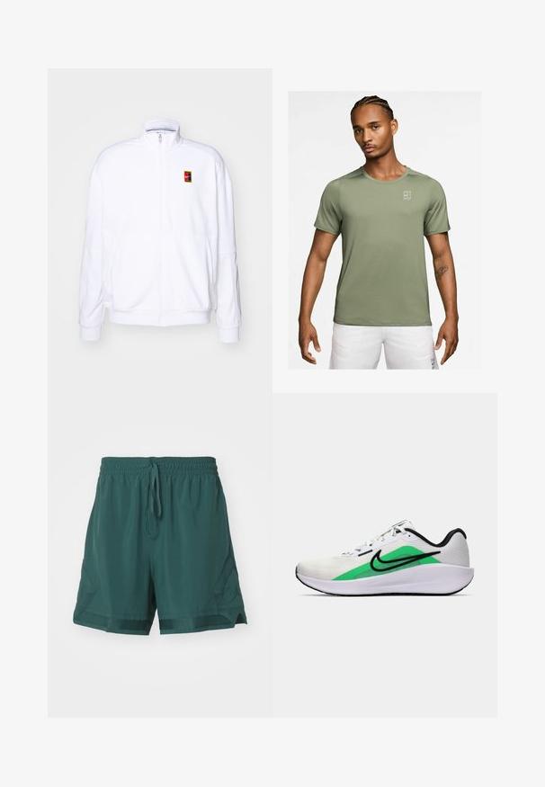 Valge tõmmatav kapuutsiga sviiter, mis on valmistatud pehmest kangast. Sellel on kõrge kaelus ja väike mitmevärviline Nike logo vasakul rinnal.; Oliiviroheline lühikeste varrukatega spordipoolt-särk, millel on tekstureeritud viimistlus ja väike valge logo vasakul küljel. Sile kangas, ümar kaeluse disain.; Jordan M J DF SPRT WVN DMND - Spordišortsid - oxidized green; Valge spordijalats, millel on roheline aktsent, must logo, võrkmaterjalist pealisosa, pehmendusega tallad ja ümar kannaosa. Omab paelu ja kontrastset detaili.