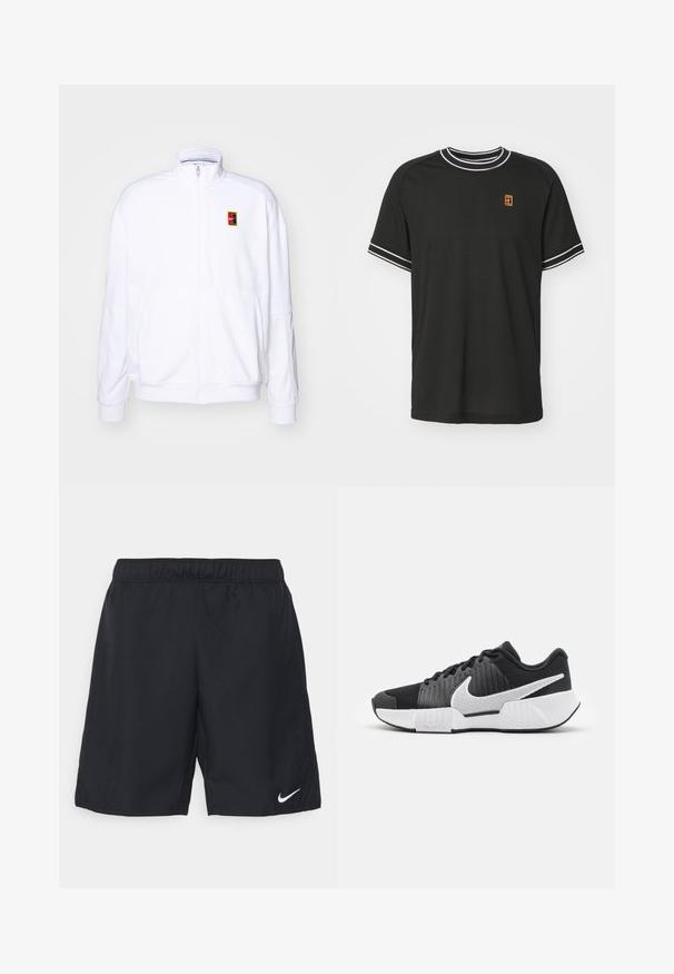 Weißer Zip-Hoodie aus weichem Stoff, mit hohem Kragen und kleinem, mehrfarbigem Nike-Logo auf der linken Brust.; Schwarzes kurzärmeliges T-Shirt aus Mesh-Stoff, mit weißen Akzenten am Kragen und an den Ärmeln, sowie einem kleinen gelb-roten Logo auf der Brust.; Schwarze Sportshorts mit elastischem Bund. Hergestellt aus leichtem Stoff, mit einem weißen Nike-Logo auf der unteren rechten Seite.; Schwarze Sportschuhe mit einer strukturierten Oberseite, weißem Swoosh-Logo, gepolstertem Fersenbereich und einer kontrastierenden weißen Sohle mit einem Zickzackmuster.