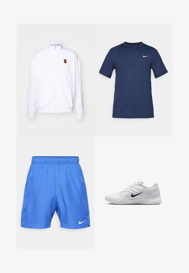 Valge tõmmatav kapuutsiga sviiter, mis on valmistatud pehmest kangast. Sellel on kõrge kaelus ja väike mitmevärviline Nike logo vasakul rinnal.; Tume sinine Nike'i T-särk, mis on valmistatud pehmest kangast, lühikeste varrukatega, ümmarguse kaeluse ja väikese valge logoga vasakul rinnal.; Nike Performance NIKECOURT VICTORY SHORT - Spordišortsid - astronomy blue/white; Valge spordijalats, millel on tekstuuriga mesh-ülemine osa, must Nike swoosh, pehmendatud krae ja kummist tald, millel on mustritrepp.