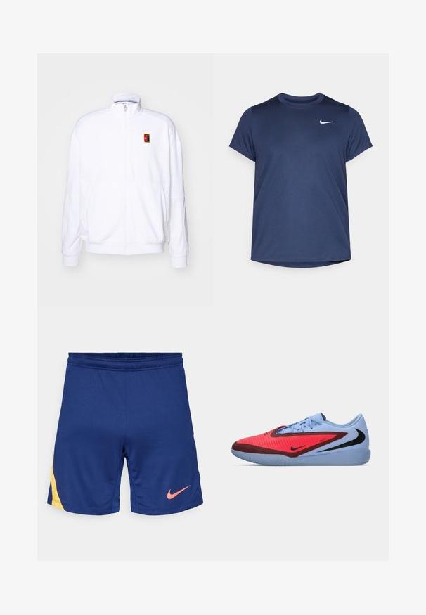 Vit zip-up sweatshirt gjord av mjukt tyg, med hög krage och en liten flerfärgad Nike-logga på vänster bröst.; Marinstrålsblå kortärmad sporttröja i smidigt, lätt tyg; har en liten vit Nike-logga på övre vänster sida.; Mörkblå idrottsshorts med gula sidodetaljer och rosa Nike-swoosh-logotyp på högra benet, elastisk midja.; Nike sportssko med blå ovandel, röda accenter, en strukturerad design och en svart logotyp. Gummiyttersula med ett mönstrat grepp.