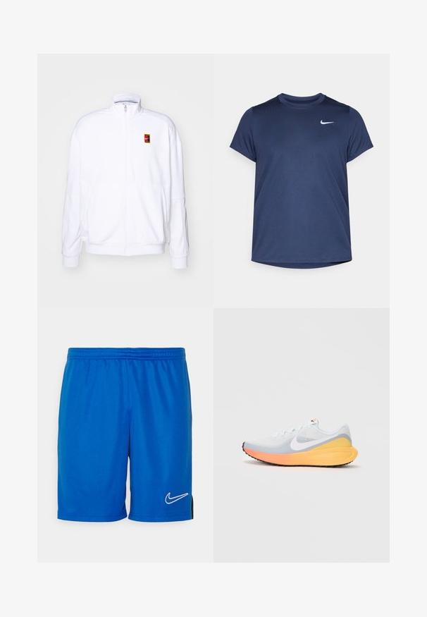 Valkoinen vetoketjullinen huppari, joka on valmistettu pehmeästä kankaasta ja siinä on korkea kaulus sekä pieni monivärinen Nike-logo vasemmassa rinnassa.; Tummansininen lyhythihainen urheilupaita, joka on valmistettu sileästä ja kevyestä kankaasta; siinä on pieni valkoinen Nike-logo vasemmassa yläkulmassa.; Nike Performance SHORT - Urheilushortsit - royal blue/obsidian/white; Vala valkoinen juoksukengä, jossa on hengittävä verkkouppari. Ominaisuuksia ovat valkoinen swoosh, oranssi ja keltainen välipohja sekä musta ulkopohja pidon takaamiseksi.