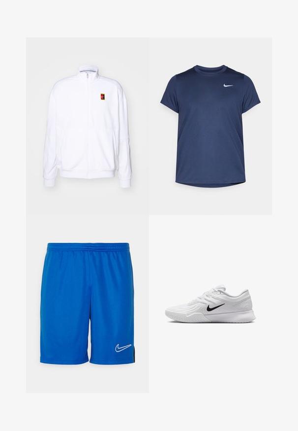 Valkoinen vetoketjullinen huppari, joka on valmistettu pehmeästä kankaasta ja siinä on korkea kaulus sekä pieni monivärinen Nike-logo vasemmassa rinnassa.; Tummansininen lyhythihainen urheilupaita, joka on valmistettu sileästä ja kevyestä kankaasta; siinä on pieni valkoinen Nike-logo vasemmassa yläkulmassa.; Nike Performance SHORT - Urheilushortsit - royal blue/obsidian/white; Valkoinen urheiluvaate, jossa on teksturoidusta verkkomateriaalista valmistettu yläosa, musta Nike-logomerkintä, pehmustettu nilkkakappale ja kumipohja, jossa on urasyntymä.
