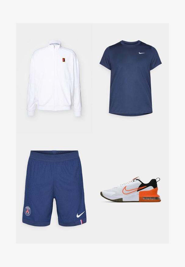 Bela zip-up dukserica iz mehkega materiala, s visokim ovratnikom in majhnim večbarvnim Nike logotipom na levem prsnem delu.; Temno modra športna majica s kratkimi rokavi, izdelana iz gladkega in lahkega materiala; vsebuje majhen bel Nike logotip na zgornji levi strani.; Temno modri športni kratki hlače iz teksturiranega materiala, z Nike logotipom, emblemom Pariza in rdeče-modro-belo potezo na robu.; Bela športna čevlja z teksturirano mrežasto zgornjico, črnimi in oranžnimi poudarki, debelim gumijastim podplatom ter prozornim zračno blazino na peti.