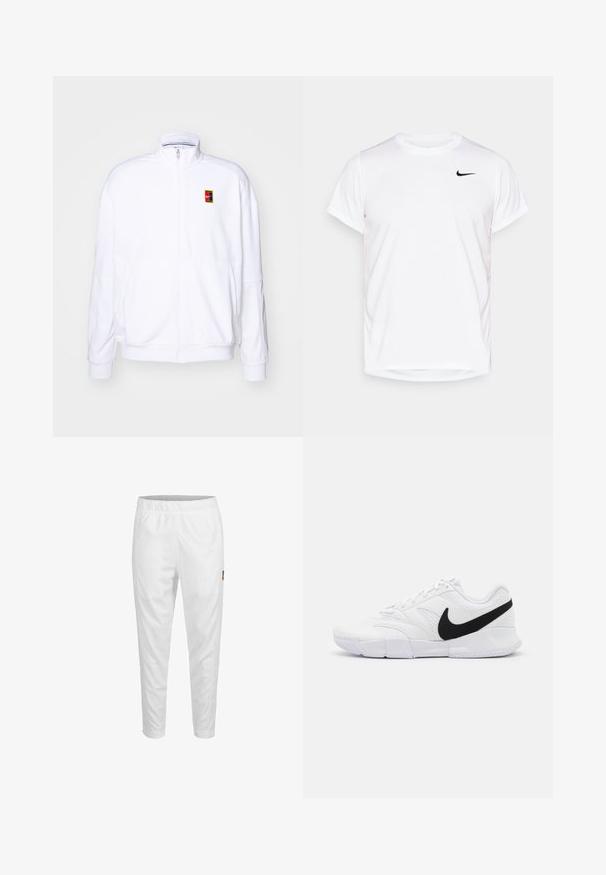 Fehér zipzáras kapucnis pulóver, puha anyagból készült, magas nyakkal és egy kis, színes Nike logóval a bal mellrészen.; Fehér, rövid ujjú Nike póló sima szintetikus anyagból, fekete logóval a mellkas bal oldalán.; Fehér sportnadrág rugalmas derekkal, szűkített lábakkal és egy kis logóval az oldalon. Simább és könnyű anyag.; Fehér sportcipők texturált felsőrésszel, fekete Nike logóval, párnázott bokarésszel és egy masszív gumitalppal, mintázott futófelülettel.