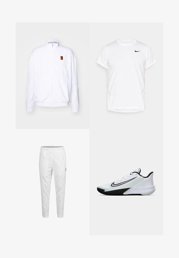 Biała bluza rozpinana wykonana z miękkiego materiału, z wysokim kołnierzem i małym, wielokolorowym logo Nike po lewej stronie klatki piersiowej.; Biała koszulka Nike z krótkim rękawem, wykonana z gładkiego materiału syntetycznego, z czarnym logo po lewej stronie klatki piersiowej.; Białe sportowe spodnie z elastycznym pasem, zwężanymi nogawkami i małym logo z boku. Gładki i lekki materiał.; Białe i czarne niskie buty sportowe z sznurówkami oraz dużym czarnym logo swoosh po boku, pokazane od strony zewnętrznej.