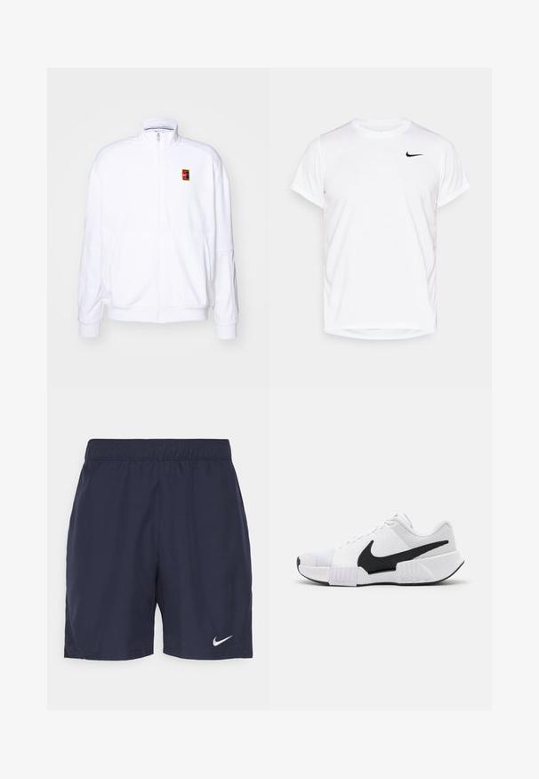 Biała bluza rozpinana wykonana z miękkiego materiału, z wysokim kołnierzem i małym, wielokolorowym logo Nike po lewej stronie klatki piersiowej.; Biała koszulka Nike z krótkim rękawem, wykonana z gładkiego materiału syntetycznego, z czarnym logo po lewej stronie klatki piersiowej.; Granatowe spodenki sportowe wykonane z lekkiego materiału, z elastycznym paskiem w talii i małym białym logo Nike na lewej nodze.; Białe sportowe buty z czarnymi akcentami. Teksturowane panele z siatki, wyściełany kołnierz i gumowa podeszwa. Charakteryzują się wyraźnym czarnym logo w kształcie skrzydła.