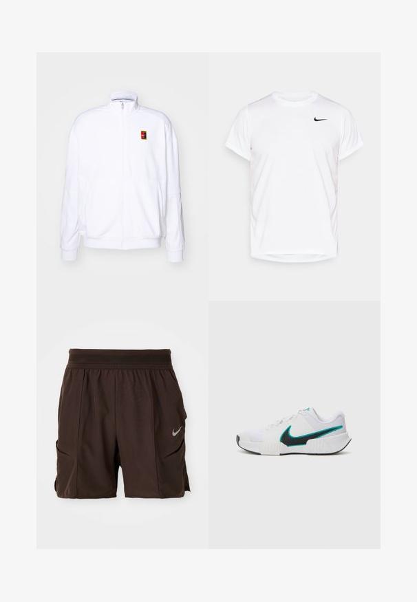 Hvit zip-up hettegenser laget av mykt stoff, med høy hals og en liten multicolor Nike-logo på venstre bryst.; Hvit T-skjorte med kort erm fra Nike laget av glatt syntetisk materiale, med en svart logo på venstre side av brystet.; Mørkebrune treningshorts med elastisk midjebånd, sidelommer og reflekterende Nike-logo på høyre bein.; Hvit atletisk sko med teksturert mesh-overdel, svart gummisåle og teal Nike swoosh-detalj. Har snøring og polstret krage.