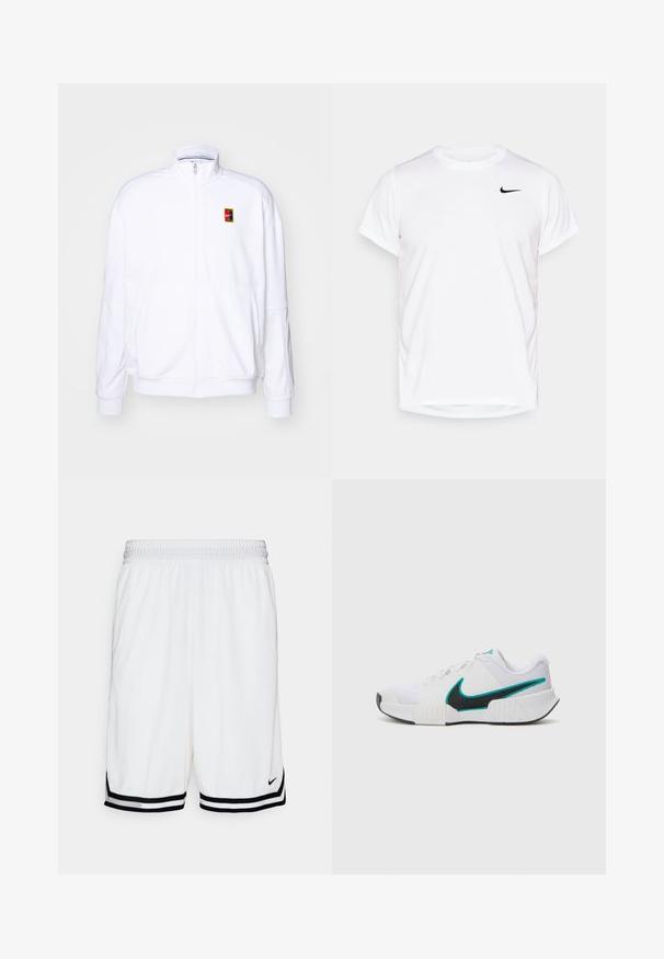 Bela zip-up dukserica iz mehkega materiala, s visokim ovratnikom in majhnim večbarvnim Nike logotipom na levem prsnem delu.; Bela kratka majica s kratkimi rokavi Nike, izdelana iz gladkega sintetičnega materiala, z črnim logotipom na levi strani prsnega koša.; Bela športna kratke hlače z zračnim mrežastim teksturo, ki imajo črno-bela črtasta akcenta na robu in izvezeno logo na sprednji strani.; Bela športna copata z teksturiranim mrežastim zgornjim delom, črnimi gumijastimi podplati in teal Nike simbolom kot poudarkom. Ima vezalke in oblazinjen ovratnik.