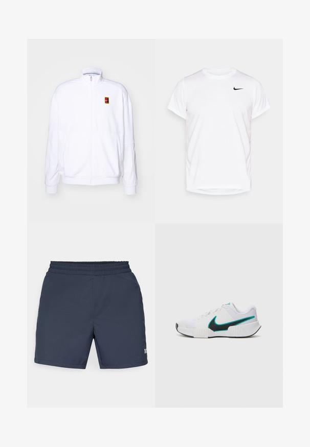 Hvit zip-up hettegenser laget av mykt stoff, med høy hals og en liten multicolor Nike-logo på venstre bryst.; Hvit T-skjorte med kort erm fra Nike laget av glatt syntetisk materiale, med en svart logo på venstre side av brystet.; Marineblå svømmebukser lavet af letvægtsmateriale; har en elastisk talje og et lille logo-detalje i nederste højre hjørne.; Hvit atletisk sko med teksturert mesh-overdel, svart gummisåle og teal Nike swoosh-detalj. Har snøring og polstret krage.