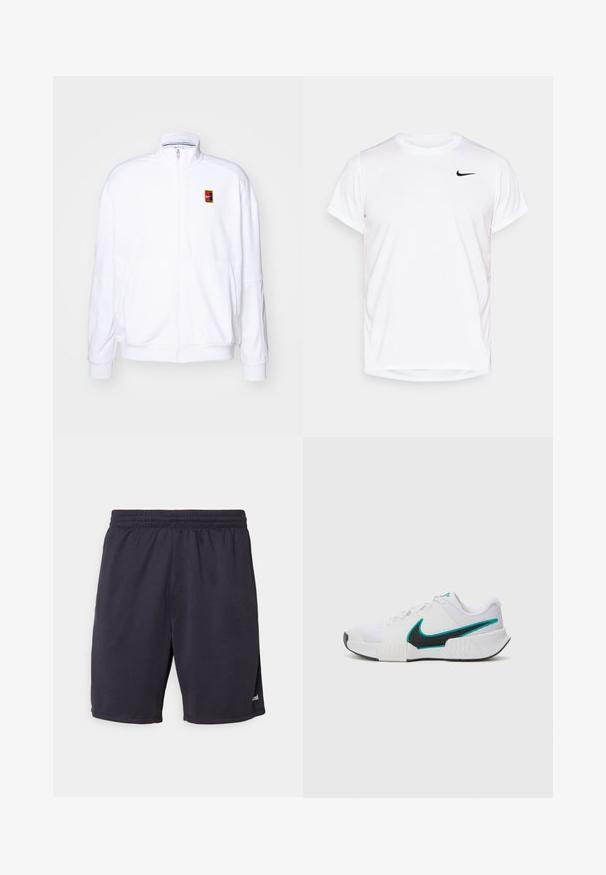 Sudadera blanca con cremallera hecha de una tela suave, con un cuello alto y un pequeño logotipo de Nike multicolor en el lado izquierdo del pecho.; Camiseta corta de manga blanca de Nike, hecha de material sintético suave, con un logo negro en el lado izquierdo del pecho.; Pantalones cortos marinos fabricados con una tela ligera, con una cinturilla elástica, que presentan un sutil brillo y aberturas laterales para mayor libertad de movimiento.; Zapatilla deportiva blanca con parte superior de malla texturizada, suela de goma negra y acento del swoosh de Nike en color teal. Cuenta con cordones y un collar acolchado.