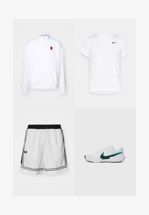 Valge tõmmatav kapuutsiga sviiter, mis on valmistatud pehmest kangast. Sellel on kõrge kaelus ja väike mitmevärviline Nike logo vasakul rinnal.; Valge lühikeste varrukatega Nike t-särk, mis on valmistatud siledast sünteetilisest materjalist, vasakul rinna poolel musta logoga.; Valged võrgust lühikesed püksid mustade aktsentidega, elastne vöökoht, nööri seadmine ja küljeribad. Vasakule äärele on kinnitatud Under Armour'i logo.; Valge sportlik toss, millel on tekstureeritud võrkmaterjalist ülaosa, must kummist tald ja türkiissinine Nike'i logo aktsent. Eriomadusteks on paelad ja polsterdatud krae.