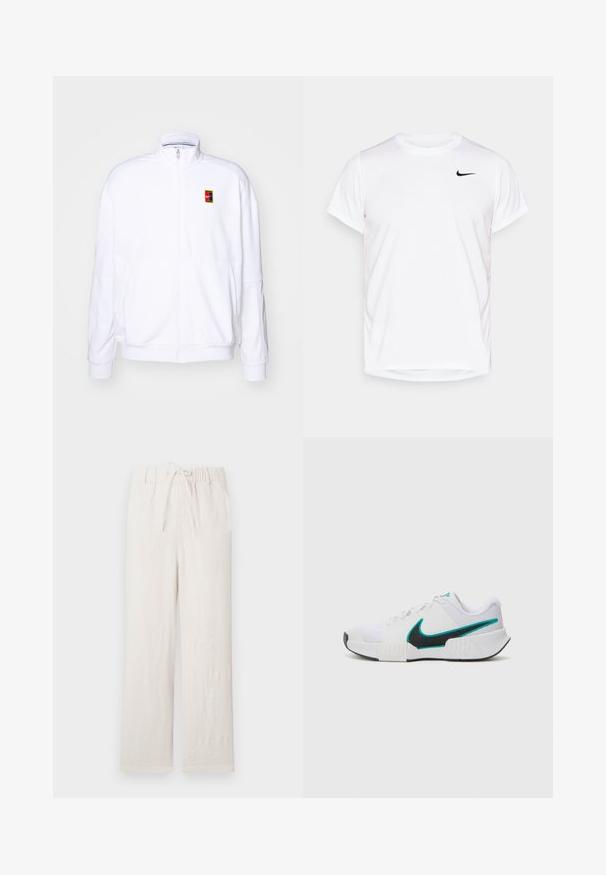 Hvit zip-up hettegenser laget av mykt stoff, med høy hals og en liten multicolor Nike-logo på venstre bryst.; Hvit T-skjorte med kort erm fra Nike laget av glatt syntetisk materiale, med en svart logo på venstre side av brystet.; Lysebeige linbukser med elastisk liv, snøring, vide ben, glatt tekstur og uten synlige mønstre eller detaljer.; Hvit atletisk sko med teksturert mesh-overdel, svart gummisåle og teal Nike swoosh-detalj. Har snøring og polstret krage.