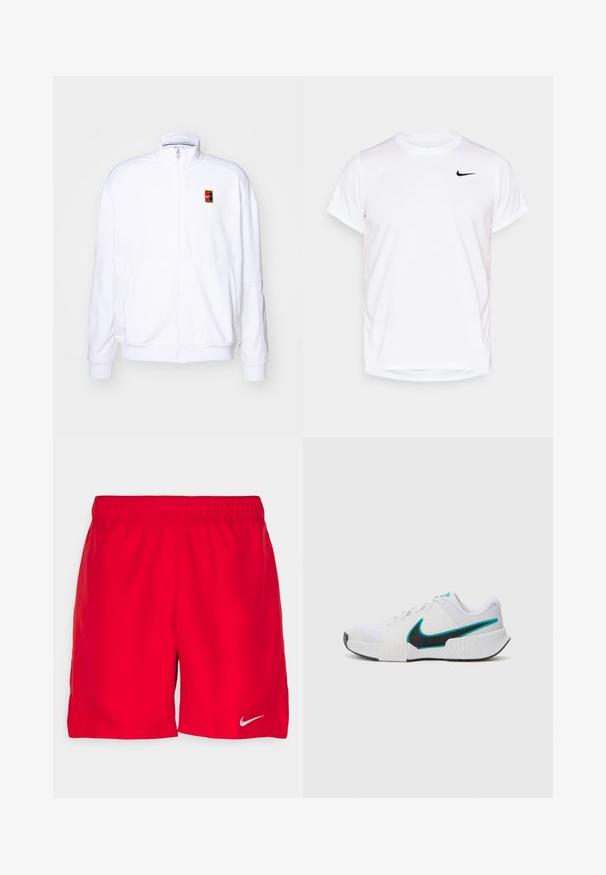 Bela zip-up dukserica iz mehkega materiala, s visokim ovratnikom in majhnim večbarvnim Nike logotipom na levem prsnem delu.; Bela kratka majica s kratkimi rokavi Nike, izdelana iz gladkega sintetičnega materiala, z črnim logotipom na levi strani prsnega koša.; Rdeči športni šort s elastiko v pasu, narejen iz lahkega materiala. Na spodnji levi strani ima majhen srebrn logotip Nike.; Bela športna copata z teksturiranim mrežastim zgornjim delom, črnimi gumijastimi podplati in teal Nike simbolom kot poudarkom. Ima vezalke in oblazinjen ovratnik.