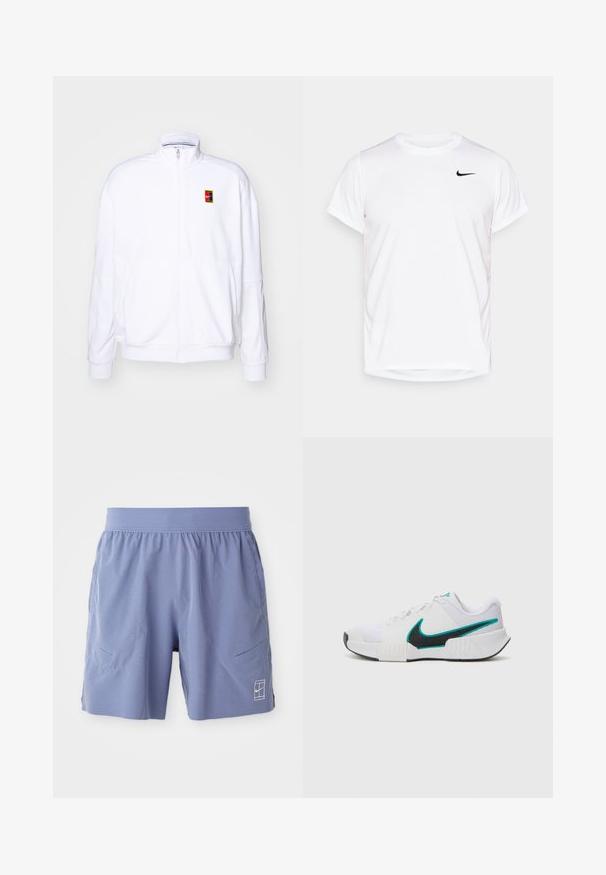 White zip-up sweatshirt made of soft fabric, featuring a high neck and a small multicolored Nike logo on the left chest.; White short-sleeve Nike t-shirt made of smooth synthetic material, featuring a black logo on the left side of the chest.; Light blue athletic shorts with an elastic waistband, two side pockets, and a small white logo on the lower front right. Smooth texture.; White athletic shoe with textured mesh upper, black rubber sole, and teal Nike swoosh accent. Features laces and padded collar.