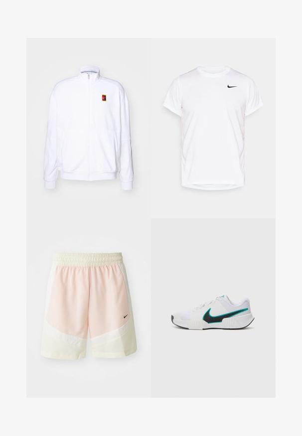 Sudadera blanca con cremallera hecha de una tela suave, con un cuello alto y un pequeño logotipo de Nike multicolor en el lado izquierdo del pecho.; Camiseta corta de manga blanca de Nike, hecha de material sintético suave, con un logo negro en el lado izquierdo del pecho.; Pantalones cortos de Nike con una cinturilla elástica, que presentan un cuerpo de color rosa claro y acentos en color crema, confeccionados en un material suave y ligero.; Zapatilla deportiva blanca con parte superior de malla texturizada, suela de goma negra y acento del swoosh de Nike en color teal. Cuenta con cordones y un collar acolchado.