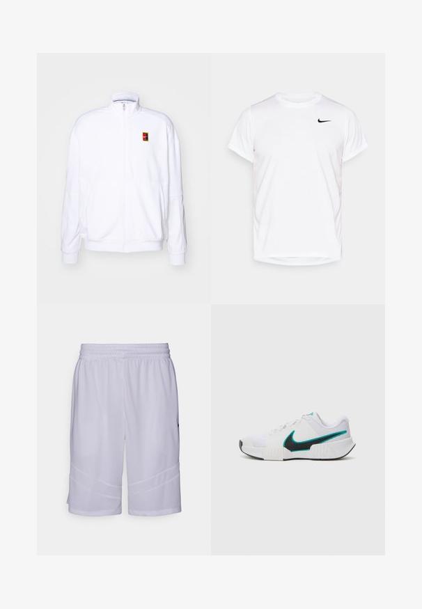 White zip-up sweatshirt made of soft fabric, featuring a high neck and a small multicolored Nike logo on the left chest.; White short-sleeve Nike t-shirt made of smooth synthetic material, featuring a black logo on the left side of the chest.; White athletic shorts made of breathable mesh fabric. Features an elastic waistband and angled panel details at the hem.; White athletic shoe with textured mesh upper, black rubber sole, and teal Nike swoosh accent. Features laces and padded collar.