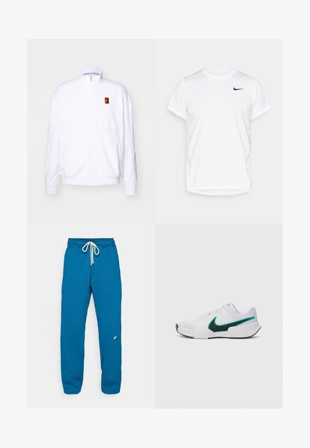 Hvit zip-up hettegenser laget av mykt stoff, med høy hals og en liten multicolor Nike-logo på venstre bryst.; Hvit T-skjorte med kort erm fra Nike laget av glatt syntetisk materiale, med en svart logo på venstre side av brystet.; Blå joggebukser med justerbar midje, ribbede ermer, myk tekstur og en liten logo på venstre side. Allsidig og komfortabel design.; Hvit atletisk sko med teksturert mesh-overdel, svart gummisåle og teal Nike swoosh-detalj. Har snøring og polstret krage.