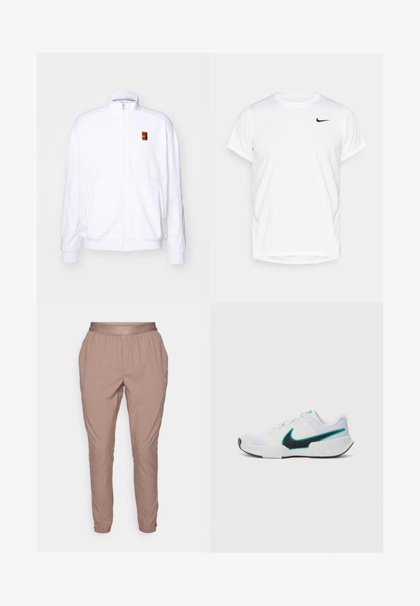 White zip-up sweatshirt made of soft fabric, featuring a high neck and a small multicolored Nike logo on the left chest.; White short-sleeve Nike t-shirt made of smooth synthetic material, featuring a black logo on the left side of the chest.; Light pink jogger pants with an elastic waistband and cuffs, made from a smooth, lightweight fabric. Features side pockets and subtle branding.; White athletic shoe with textured mesh upper, black rubber sole, and teal Nike swoosh accent. Features laces and padded collar.