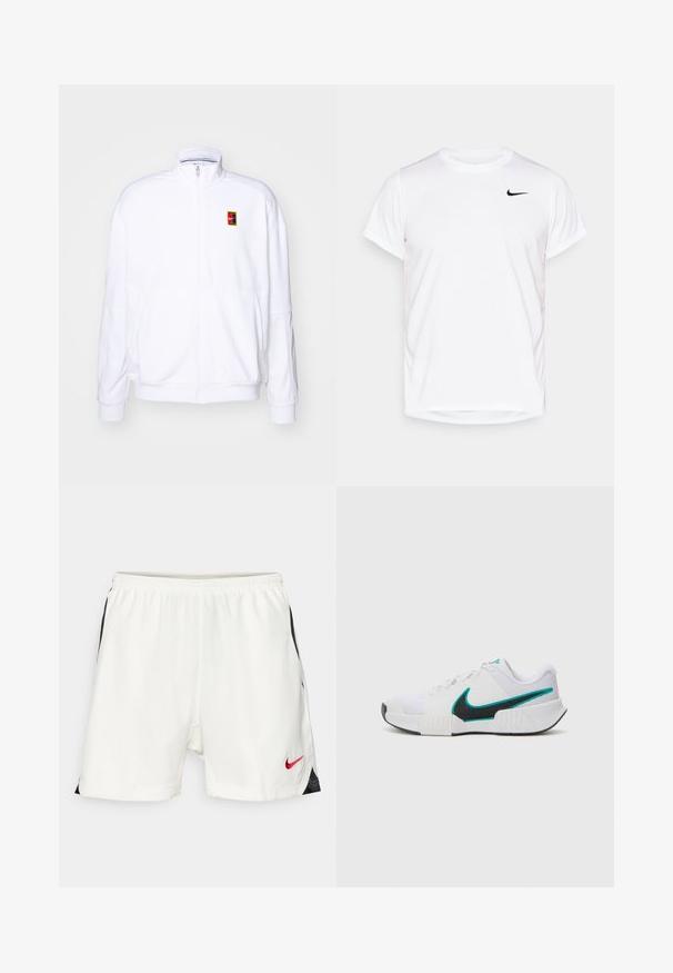 White zip-up sweatshirt made of soft fabric, featuring a high neck and a small multicolored Nike logo on the left chest.; White short-sleeve Nike t-shirt made of smooth synthetic material, featuring a black logo on the left side of the chest.; White sports shorts with black side accents, elastic waistband, and red Nike logo on the lower front. Smooth, lightweight fabric.; White athletic shoe with textured mesh upper, black rubber sole, and teal Nike swoosh accent. Features laces and padded collar.
