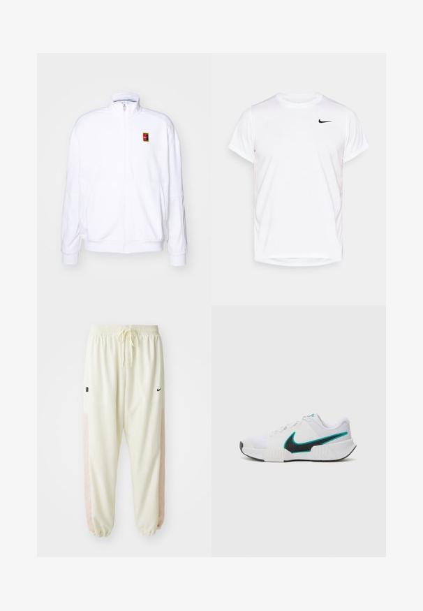 Hvit zip-up hettegenser laget av mykt stoff, med høy hals og en liten multicolor Nike-logo på venstre bryst.; Hvit T-skjorte med kort erm fra Nike laget av glatt syntetisk materiale, med en svart logo på venstre side av brystet.; Nike Performance ICON PANT - Joggebukse - coconut milk/washed coral/black; Hvit atletisk sko med teksturert mesh-overdel, svart gummisåle og teal Nike swoosh-detalj. Har snøring og polstret krage.