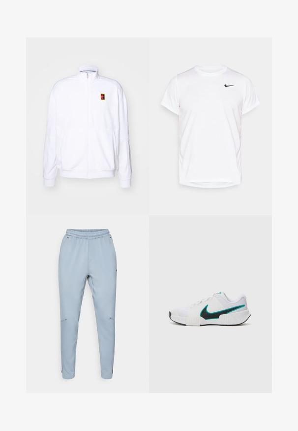 Biała bluza rozpinana wykonana z miękkiego materiału, z wysokim kołnierzem i małym, wielokolorowym logo Nike po lewej stronie klatki piersiowej.; Biała koszulka Nike z krótkim rękawem, wykonana z gładkiego materiału syntetycznego, z czarnym logo po lewej stronie klatki piersiowej.; Jasnoniebieskie spodnie dresowe z elastycznym paskiem, bocznymi kieszeniami i zwężanymi nogawkami. Wykonane z miękkiego, lekkiego materiału.; Białe buty sportowe z teksturowaną siateczką, czarną gumową podeszwą i akcentem w kolorze turkusowym w kształcie logo Nike. Posiadają sznurowadła i wyściełany kołnierz.