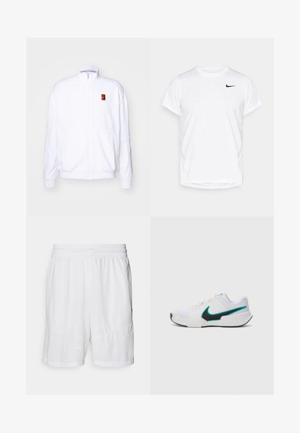 Hvit zip-up hettegenser laget av mykt stoff, med høy hals og en liten multicolor Nike-logo på venstre bryst.; Hvit T-skjorte med kort erm fra Nike laget av glatt syntetisk materiale, med en svart logo på venstre side av brystet.; Hvite idrettsshorts laget av teksturert, pustende mesh-stoff. Har elastisk liv og lagdelte designdetaljer.; Hvit atletisk sko med teksturert mesh-overdel, svart gummisåle og teal Nike swoosh-detalj. Har snøring og polstret krage.