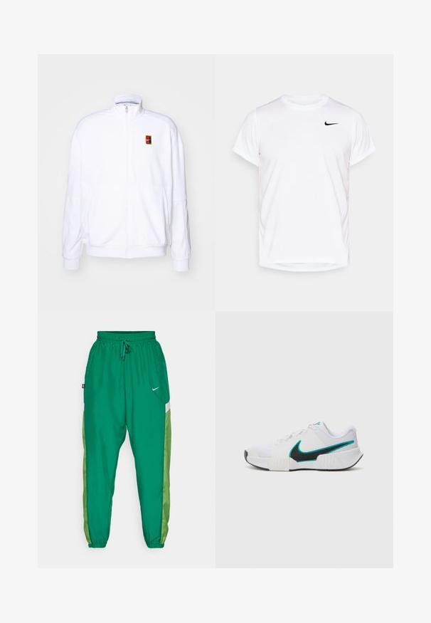 Hvid zip-up sweatshirt lavet af blød stof, med høj krave og et lille flerfarvet Nike-logo på venstre bryst.; Hvid Nike t-shirt med korte ærmer lavet af glat syntetisk materiale, med et sort logo på venstre bryst.; Grønne sport joggerbukser med en blød struktur, der har en kontrasterende lysegrøn sidepanel og et lille hvidt logo på fronten.; Hvid sportsko med tekstureret mesh-overdel, sort gummisål og teal Nike swoosh-accent. Har snørebånd og polstret krave.