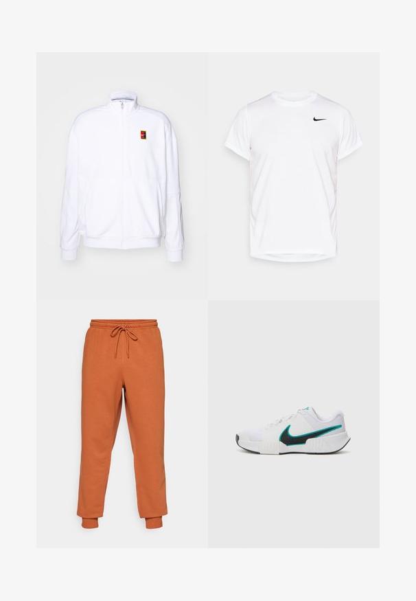 Witte ritsvest gemaakt van zachte stof, met een hoge kraag en een klein meerkleurig Nike-logo op de linkerborst.; Witte korte mouwen Nike t-shirt van glad synthetisch materiaal, voorzien van een zwart logo aan de linkerkant van de borst.; Oranje joggingbroek met een elastische tailleband en verstelbaar trekkoord. Boorden bij de enkels. Gemaakt van een zachte stof met een gladde textuur.; Witte sportieve schoen met een textuur mesh bovenwerk, zwarte rubberen zool en teal Nike swooshaccent. Voorzien van veters en een gewatteerde kraag.