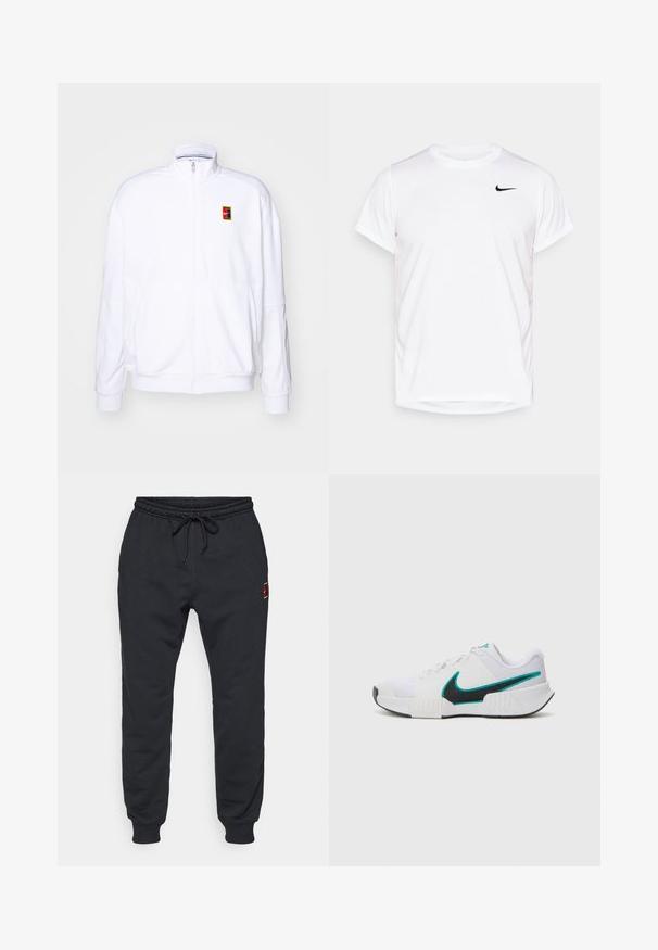 Biała bluza rozpinana wykonana z miękkiego materiału, z wysokim kołnierzem i małym, wielokolorowym logo Nike po lewej stronie klatki piersiowej.; Biała koszulka Nike z krótkim rękawem, wykonana z gładkiego materiału syntetycznego, z czarnym logo po lewej stronie klatki piersiowej.; Czarne dresowe spodnie z elastycznym pasem i ściągaczami na kostkach, z troczkiem w pasie oraz małym czerwono-żółtym logo na górnej części uda.; Białe buty sportowe z teksturowaną siateczką, czarną gumową podeszwą i akcentem w kolorze turkusowym w kształcie logo Nike. Posiadają sznurowadła i wyściełany kołnierz.