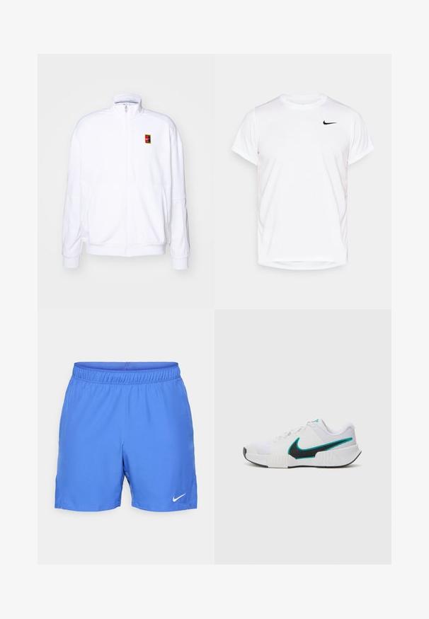Vit zip-up sweatshirt gjord av mjukt tyg, med hög krage och en liten flerfärgad Nike-logga på vänster bröst.; Vit kortärmad Nike-t-shirt i slät syntetisk material, med en svart logotyp på vänster sida av bröstet.; Blå sportshorts gjorda av ett lätt och slätt material. Elastisk midja med en liten vit Nike-logotyp på nedre vänstra sidan.; Vit idrottssko med texturerat mesh-övre, svart gummisula och turkosa Nike-logga som accent. Har snören och vadderad krage.