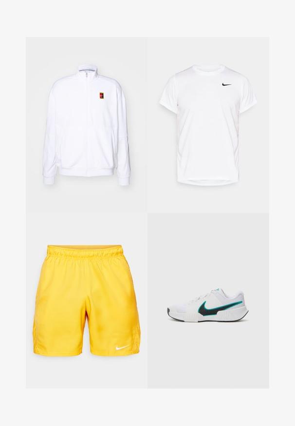 Bela zip-up dukserica iz mehkega materiala, s visokim ovratnikom in majhnim večbarvnim Nike logotipom na levem prsnem delu.; Bela kratka majica s kratkimi rokavi Nike, izdelana iz gladkega sintetičnega materiala, z črnim logotipom na levi strani prsnega koša.; Rumene atletske kratke hlače z elastičnim pasom, gladko teksturo in majhnim belim logotipom Nike na spodnji strani.; Bela športna copata z teksturiranim mrežastim zgornjim delom, črnimi gumijastimi podplati in teal Nike simbolom kot poudarkom. Ima vezalke in oblazinjen ovratnik.